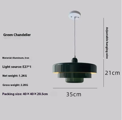 Green chandelier with dimensions and specifications on a gray background