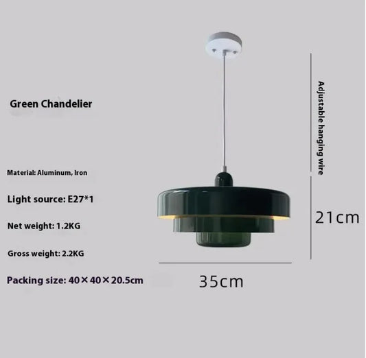 Green chandelier with dimensions and specifications on a gray background